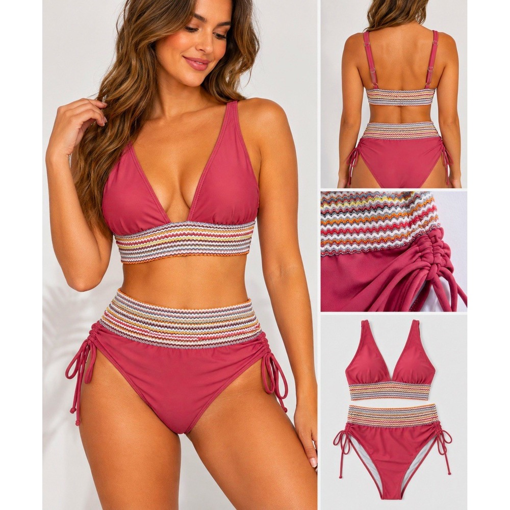 LB Womens Bikini Set Size L Rose Pink Smocked High Waist Ruched 2 Piece Swimwear